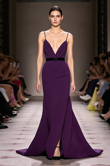 Dark Purple Satin Spaghetti Straps Long Formal Dress with Slit